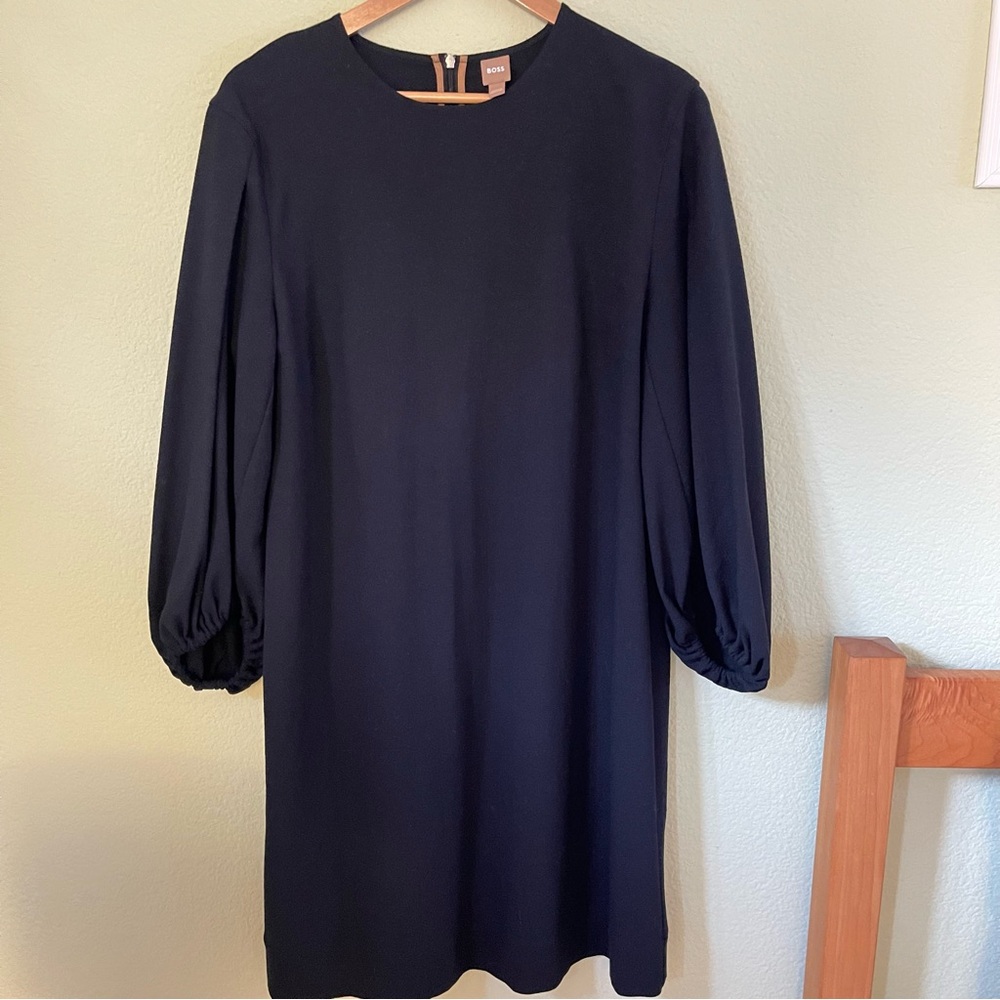 Hugo Boss Balloon Sleeve Shift Black Dress, Size 12